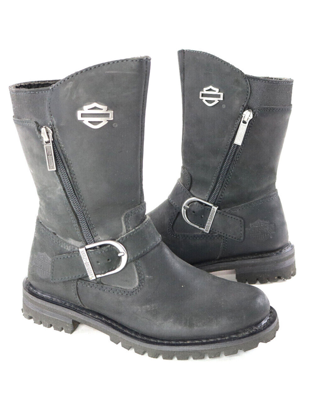 harley davidson boots 6 black leather 8" riding ankle zip pull bar slip buckle